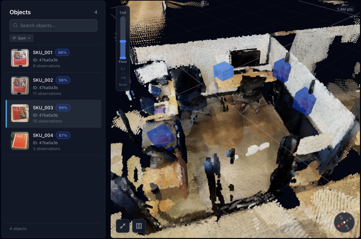 The PRISM 3D viewer showing a scanned meeting room as a coloured point cloud. Four detected posters are outlined with blue boxes on the walls. A side panel lists each one with a thumbnail, a SKU code, a confidence score of 87 to 99 per cent, and the number of frames it was observed in.