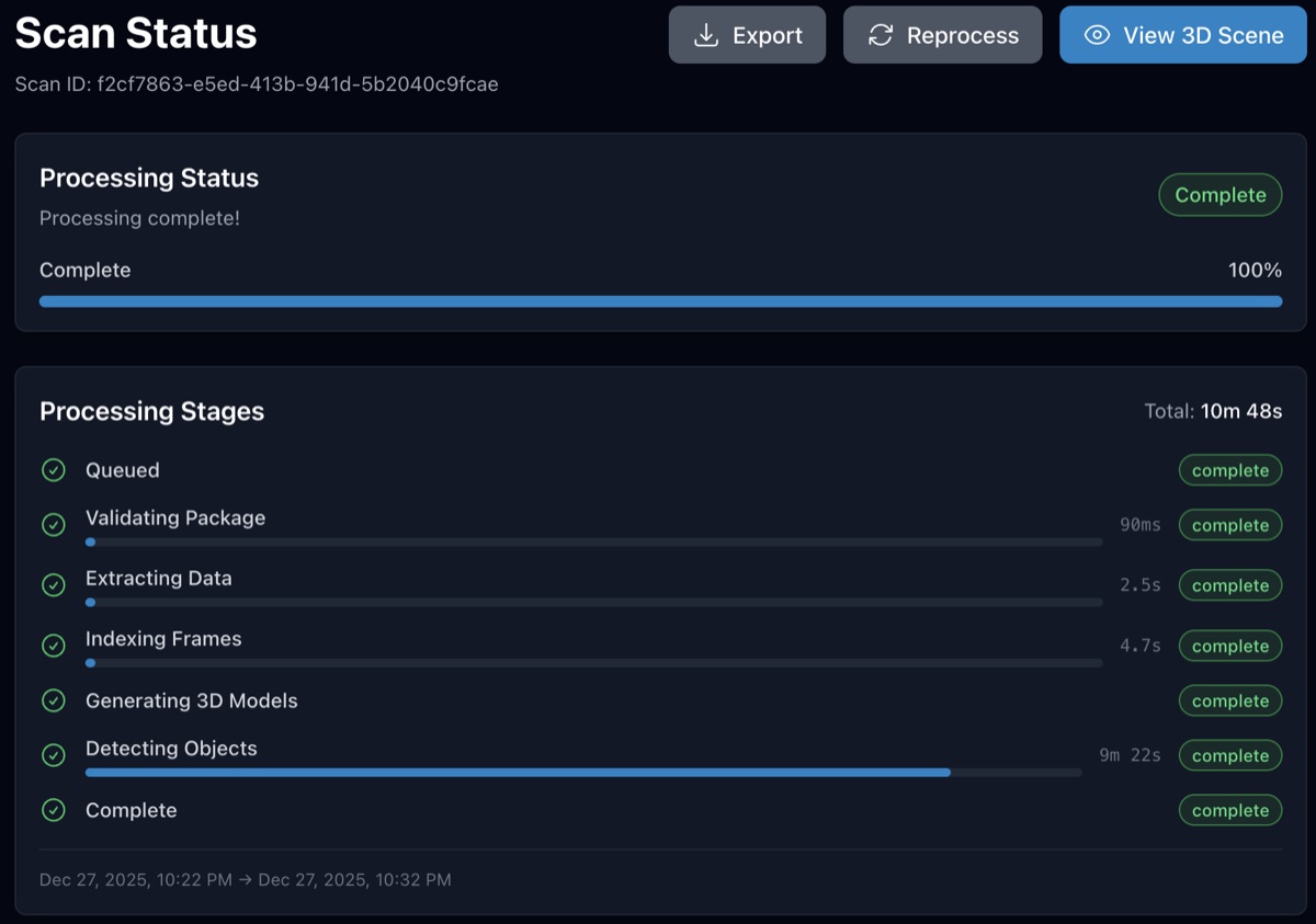 The PRISM scan status screen in a browser. Each processing stage, from validating the package through extraction, frame indexing, 3D reconstruction and object detection, is listed as complete with the time it took, alongside buttons to export, reprocess and view the 3D scene.